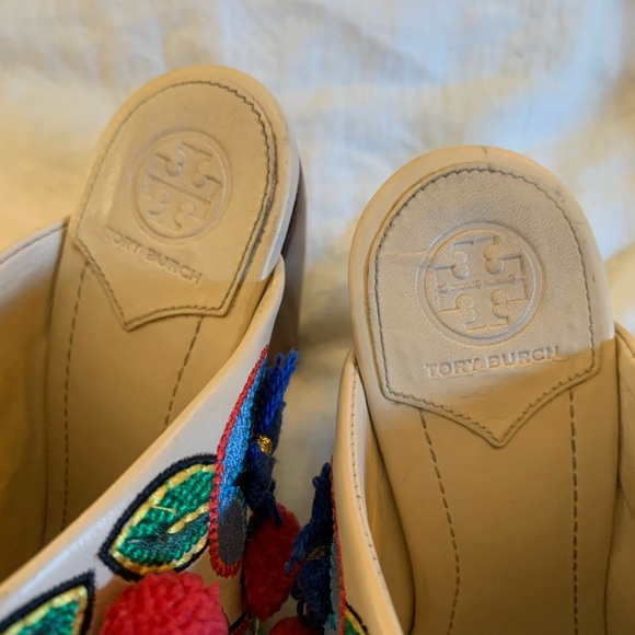 Tory Burch Ellis Embroidered Pom Pom Mules Heels - Picture 6 of 10